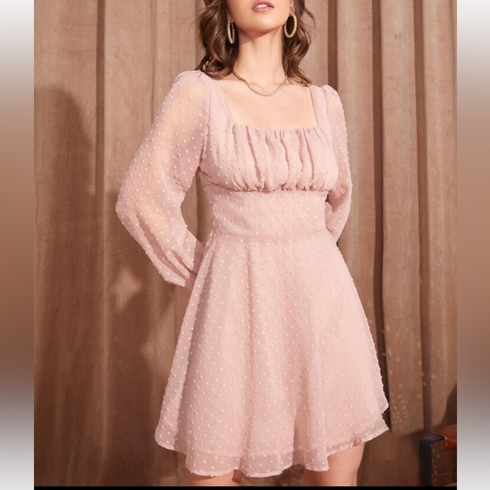 SHEIN Privé Ruched Bust Lantern Sleeve Swiss Dot Dress Dusty Pink Size M